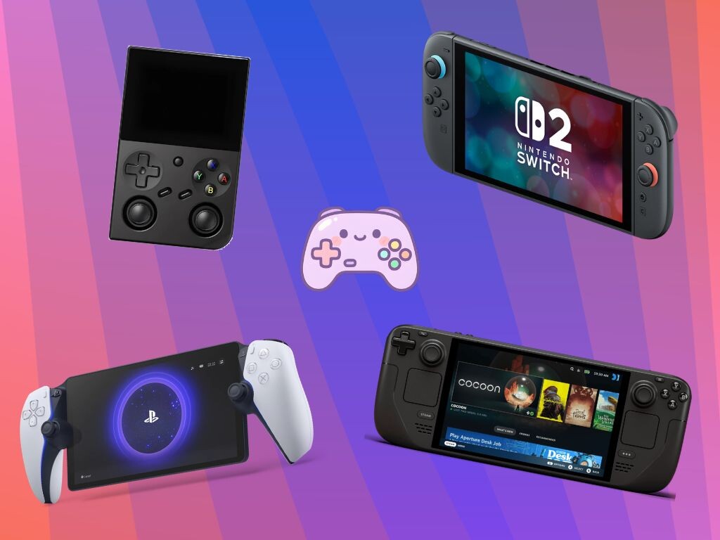 Console portable de jeu tenue en main, écran allumé et manettes intégrées